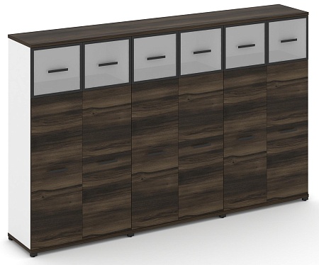 Шкаф три широкие секции, 4 ниши (6 фасадов ЛДСП, 3 ниши + 6 фасадов стекло стело белое матовое в раме, 1 ниша) CN.STS-434 RM B/W