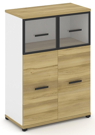 Шкаф две широкие секции, 3 ниши (2 фасада ЛДСП, 2 ниши + 2 фасада стекло прозрачное в раме, 1 ниша) CN.STS-314 RP B/W