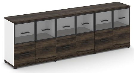 Шкаф три широкие секции, 2 ниши (6 фасадов ЛДСП, 1 ниша + 6 фасадов стекло прозрачное в раме, 1 ниша) CN.STS-232 RP B/W