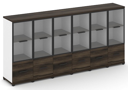 Шкаф шесть узких секций, 3 ниши (6 фасадов ЛДСП, 1 ниша + 6 фасадов стекло прозрачное в раме, 2 ниши) CN.STU-362 RP B/W