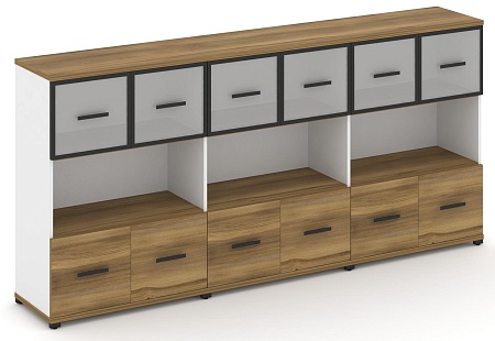 Шкаф три широкие секции, 3 ниши (6 фасадов ЛДСП, 1 ниша + 6 фасадов стекло белое матовое в раме,  1 ниша) CN.STS-335 RM B/W