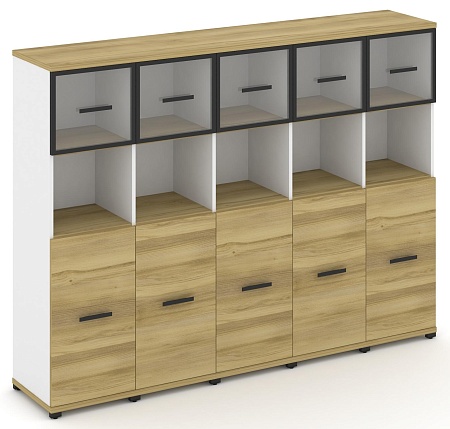 Шкаф пять узких секций, 4 ниши (5 фасадов ЛДСП, 2 ниши + 5 фасадов стекло прозрачное в раме, 1 ниша) CN.STU-455 RP B/W