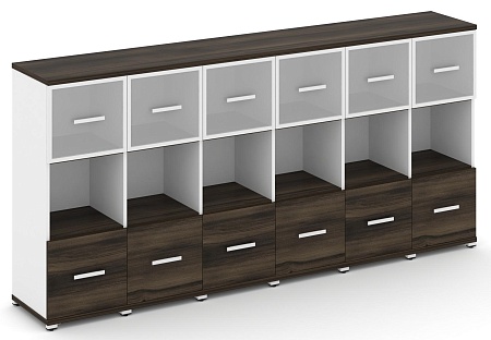 Шкаф шесть узких секций, 3 ниши (6 фасадов ЛДСП,  1 ниши + 6 фасадов стекло белое матовое в раме, 1 ниша) CN.STU-365 RM B/W