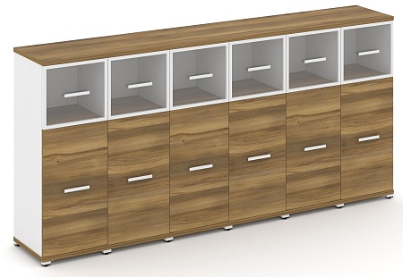 Шкаф шесть узких секций, 3 ниши (6 фасадов ЛДСП, 2 ниши + 6 фасадов стекло прозрачное в раме, 1 ниша) CN.STU-364 RP B/W