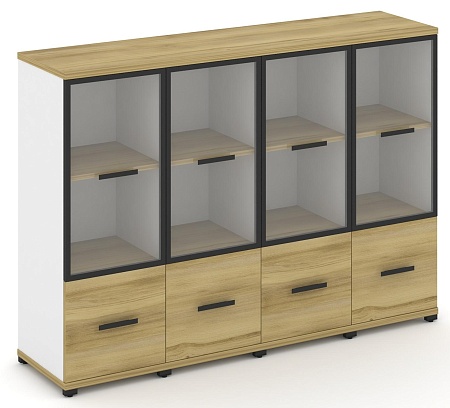 Шкаф четыре узкие секции, 3 ниши (4 фасада ЛДСП, 1 ниша + 4 фасада стекло прозрачное в раме, 2 ниши) CN.STU-342 RP B/W