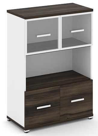 Шкаф две широкие секции, 3 ниши (2 фасада ЛДСП, 1 ниша + 2 фасада стекло прозрачное в раме, 1 ниша) CN.STS-315 RP B/W