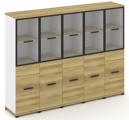 Шкаф пять узких секций, 4 ниши (5 фасадов ЛДСП, 2 ниши + 5 фасадов стекло прозрачное в раме, 2 ниши) CN.STU-452 RP B/W