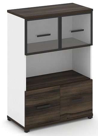 Шкаф две широкие секции, 3 ниши (2 фасада ЛДСП, 1 ниша + 2 фасада стекло прозрачное в раме, 1 ниша) CN.STS-315 RP B/W