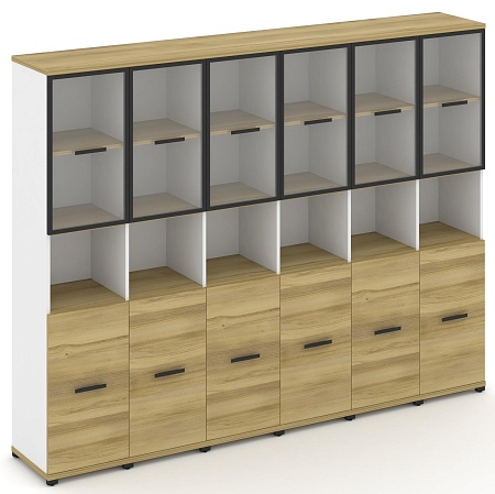 Шкаф шесть узких секций, 5 ниш (6 фасадов ЛДСП, 2 ниши + 6 фасадов стекло прозрачное в раме, 2 ниши) CN.STU-563 RP B/W