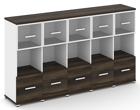 Шкаф пять узких секций, 3 ниши (5 фасадов ЛДСП, 1 ниши + 5 фасадов стекло прозрачное в раме, 1 ниша) CN.STU-355 RP B/W