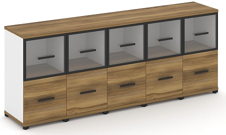 Шкаф пять узких секций, 2 ниши (5 фасадов  ЛДСП, 1 ниша + 5 фасадов стекло прозрачное в раме, 1 ниша) CN.STU-252 RP B/W