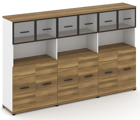 Шкаф три широкие секции, 4 ниши (6 фасадов ЛДСП, 2 ниши + 6 фасадов стекло прозрачное в раме, 1 ниша) CN.STS-435 RP B/W