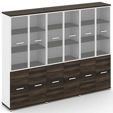 Шкаф три широкие секции, 5 ниш (6 фасадов ЛДСП, 2 ниши + 6 фасадов стекло прозрачное в раме, 3 ниши) CN.STS-532 RP B/W