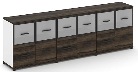 Шкаф три широкие секции, 2 ниши (6 фасадов ЛДСП, 1 ниша + 6 фасадов стекло белое матовое в раме, 1 ниша) CN.STS-232 RM