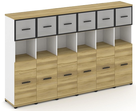 Шкаф шесть узких секций, 4 ниши (6 фасадов ЛДСП, 2 ниши + 6 фасадов стекло белое матовое в раме, 1 ниша) CN.STU-465 RM B/W