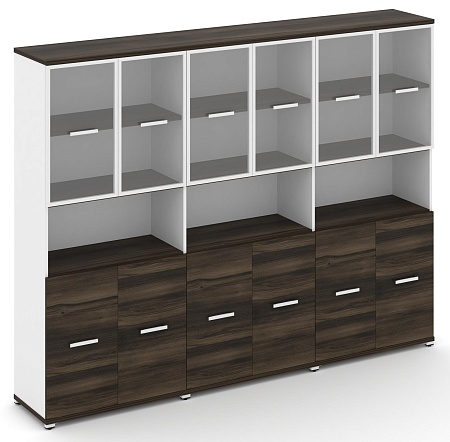 Шкаф три широкие секции, 5 ниш (6 фасадов ЛДСП,  2 ниши + 6 фасадов стекло прозрачное в раме, 2 ниши) CN.STS-533 RP B/W