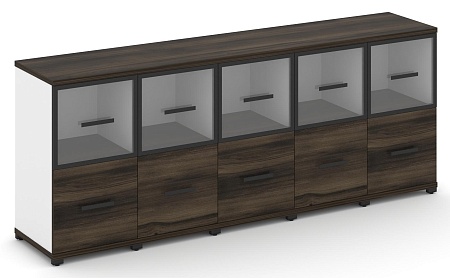 Шкаф пять узких секций, 2 ниши (5 фасадов  ЛДСП, 1 ниша + 5 фасадов стекло прозрачное в раме, 1 ниша) CN.STU-252 RP B/W