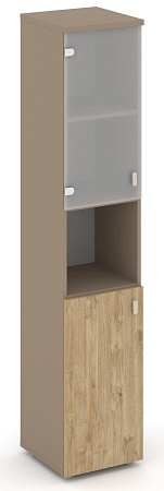 Шкаф высокий узкий левый (1 низкий фасад ЛДСП + 1 низкий фасад стекло сатин матовый) ES.SU-1.4(L)