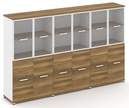 Шкаф три широкие секции, 4 ниши (6 фасадов ЛДСП, 2 ниши + 6 фасадов стекло прозрачное в раме, 2 ниши) CN.STS-432 RP B/W