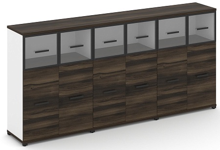 Шкаф три широкие секции, 3 ниши (6 фасадов ЛДСП, 2 ниши + 6 фасадов стекло прозрачное в раме, 1 ниша) CN.STS-334 RP B/W