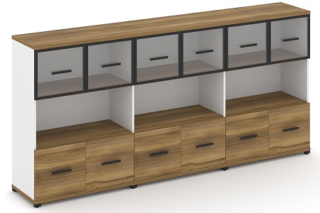 Шкаф три широкие секции, 3 ниши (6 фасадов ЛДСП, 1 ниша + 6 фасадов стекло прозрачное в раме, 1 ниша) CN.STS-335 RP B/W