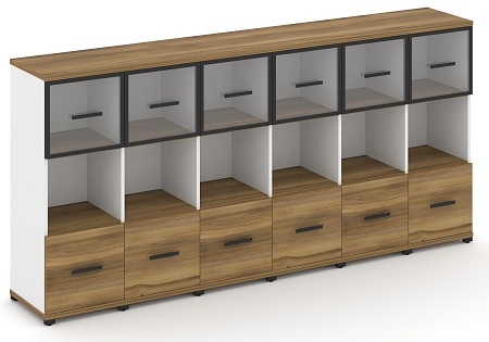 Шкаф шесть узких секций, 3 ниши (6 фасадов ЛДСП, 1 ниши + 6 фасадов стекло прозрачное в раме, 1 ниша) CN.STU-365 RP B/W