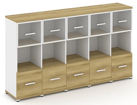 Шкаф пять узких секций, 3 ниши (5 фасадов ЛДСП, 1 ниши + 5 фасадов стекло прозрачное в раме, 1 ниша) CN.STU-355 RP B/W