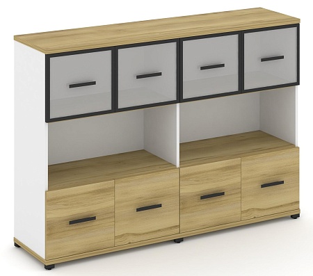 Шкаф две широкие секции, 3 ниши (4 фасада фасадов ЛДСП, 1 ниша+ 4 фасада стекло белое матовое в раме, 1 ниша) CN.STS-325 RM B/W