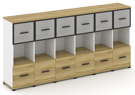 Шкаф шесть узких секций, 3 ниши (6 фасадов ЛДСП,  1 ниши + 6 фасадов стекло белое матовое в раме, 1 ниша) CN.STU-365 RM B/W