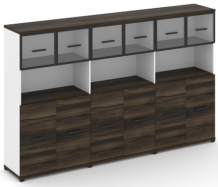 Шкаф три широкие секции, 4 ниши (6 фасадов ЛДСП, 2 ниши + 6 фасадов стекло прозрачное в раме, 1 ниша) CN.STS-435 RP B/W