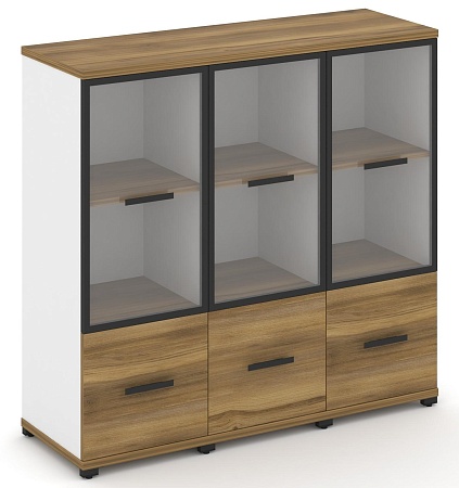 Шкаф три узкие секции, 3 ниши (3 фасада ЛДСП, 1 ниша + 3 фасада стекло прозрачное в раме, 2 ниши) CN.STU-332 RP B/W