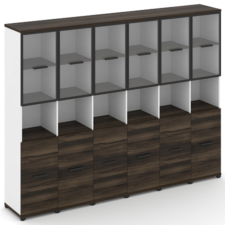 Шкаф шесть узких секций, 5 ниш (6 фасадов ЛДСП, 2 ниши + 6 фасадов стекло прозрачное в раме, 2 ниши) CN.STU-563 RP B/W