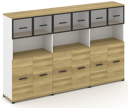 Шкаф три широкие секции, 4 ниши (6 фасадов ЛДСП, 2 ниши + 6 фасадов стекло прозрачное в раме, 1 ниша) CN.STS-435 RP B/W