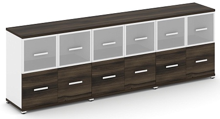 Шкаф три широкие секции, 2 ниши (6 фасадов ЛДСП, 1 ниша + 6 фасадов стекло белое матовое в раме, 1 ниша) CN.STS-232 RM