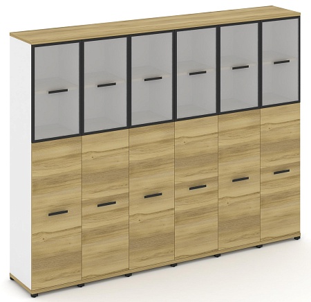 Шкаф шесть узких секций, 5 ниш (6 фасадов ЛДСП,  3 ниши + 6 фасадов стекло белое матовое в раме, 2 ниши) CN.STU-565 RM B/W