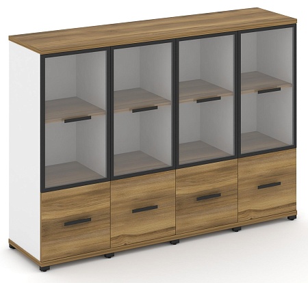 Шкаф четыре узкие секции, 3 ниши (4 фасада ЛДСП, 1 ниша + 4 фасада стекло прозрачное в раме, 2 ниши) CN.STU-342 RP B/W