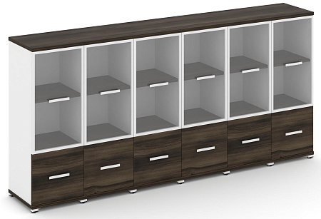 Шкаф шесть узких секций, 3 ниши (6 фасадов ЛДСП, 1 ниша + 6 фасадов стекло прозрачное в раме, 2 ниши) CN.STU-362 RP B/W