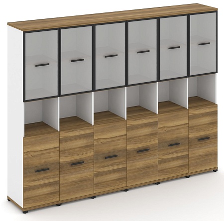 Шкаф шесть узких секций, 5 ниш (6 фасадов ЛДСП, 2 ниши + 6 фасадов стекло белое матовое в раме, 2 ниши) CN.STU-563 RM B/W