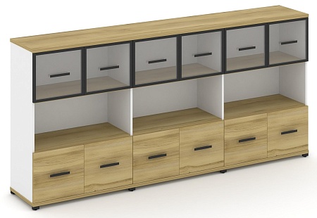 Шкаф три широкие секции, 3 ниши (6 фасадов ЛДСП, 1 ниша + 6 фасадов стекло прозрачное в раме, 1 ниша) CN.STS-335 RP B/W