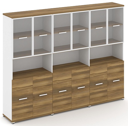 Шкаф три широкие секции, 5 ниш (6 фасадов ЛДСП,  2 ниши + 6 фасадов стекло прозрачное в раме, 2 ниши) CN.STS-533 RP B/W