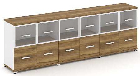 Шкаф три широкие секции, 2 ниши (6 фасадов ЛДСП, 1 ниша + 6 фасадов стекло прозрачное в раме, 1 ниша) CN.STS-232 RP B/W