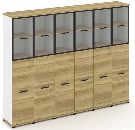 Шкаф шесть узких секций, 5 ниш (6 фасадов ЛДСП, 3 ниши + 6 фасадов стекло прозрачное в раме, 2 ниши) CN.STU-565 RP B/W