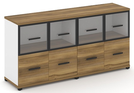 Шкаф две широкие секции, 2 нишии (4 фасада ЛДСП, 1 ниша + 4 фасада стекло прозрачное в раме, 1 ниша) CN.STS-222 RP B/W