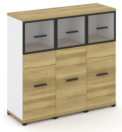 Шкаф три узкие секции, 3 ниши (3 фасада ЛДСП, 2 ниши + 3 фасада стекло прозрачное в раме, 1 ниша) CN.STU-334 RP B/W