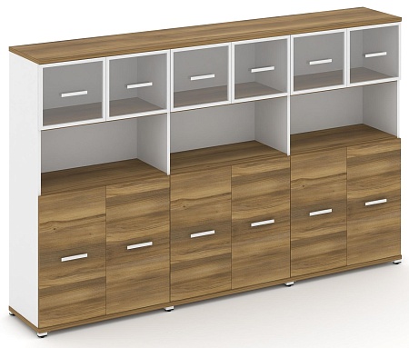 Шкаф три широкие секции, 4 ниши (6 фасадов ЛДСП, 2 ниши + 6 фасадов стекло прозрачное в раме, 1 ниша) CN.STS-435 RP B/W