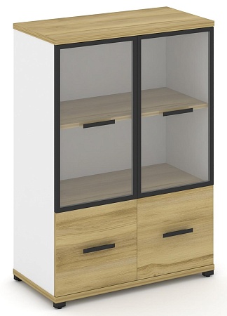 Шкаф две широкие секции, 3 ниши (2 фасада ЛДСП, 1 ниша + 2 фасада стекло прозрачное в раме, 2 ниши) CN.STS-312 RP B/W