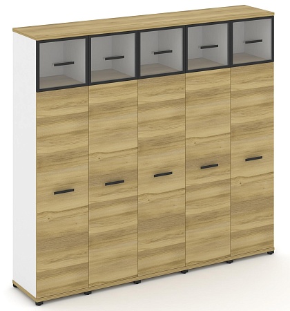 Шкаф пять узких секций, 5 ниш (5 фасадов ЛДСП, 4 ниши + 5 фасадов стекло прозрачное в раме, 1 ниша) CN.STU-557 RP B/W