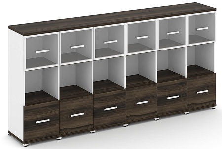 Шкаф шесть узких секций, 3 ниши (6 фасадов ЛДСП, 1 ниши + 6 фасадов стекло прозрачное в раме, 1 ниша) CN.STU-365 RP B/W