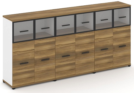 Шкаф три широкие секции, 3 ниши (6 фасадов ЛДСП, 2 ниши + 6 фасадов стекло прозрачное в раме, 1 ниша) CN.STS-334 RP B/W