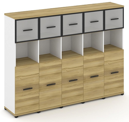 Шкаф пять узких секций, 4 ниши (5 фасадов ЛДСП, 2 ниши + 5 фасадов стекло белое матовое в раме,  1 ниша) CN.STU-455 RM B/W